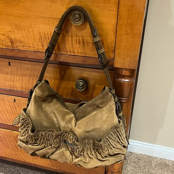Burberry Rustic Tan Suede Leather Purse Shoulder Bag Western Style Pockets Med - Picture 1 of 13